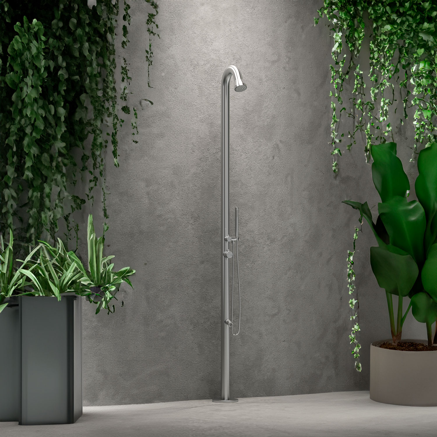DOCCIA-BOSA-INOX-ambientata - SINED | Docce in piscina | Lettini da giardino | Caminetti elettrici! Infrarossi