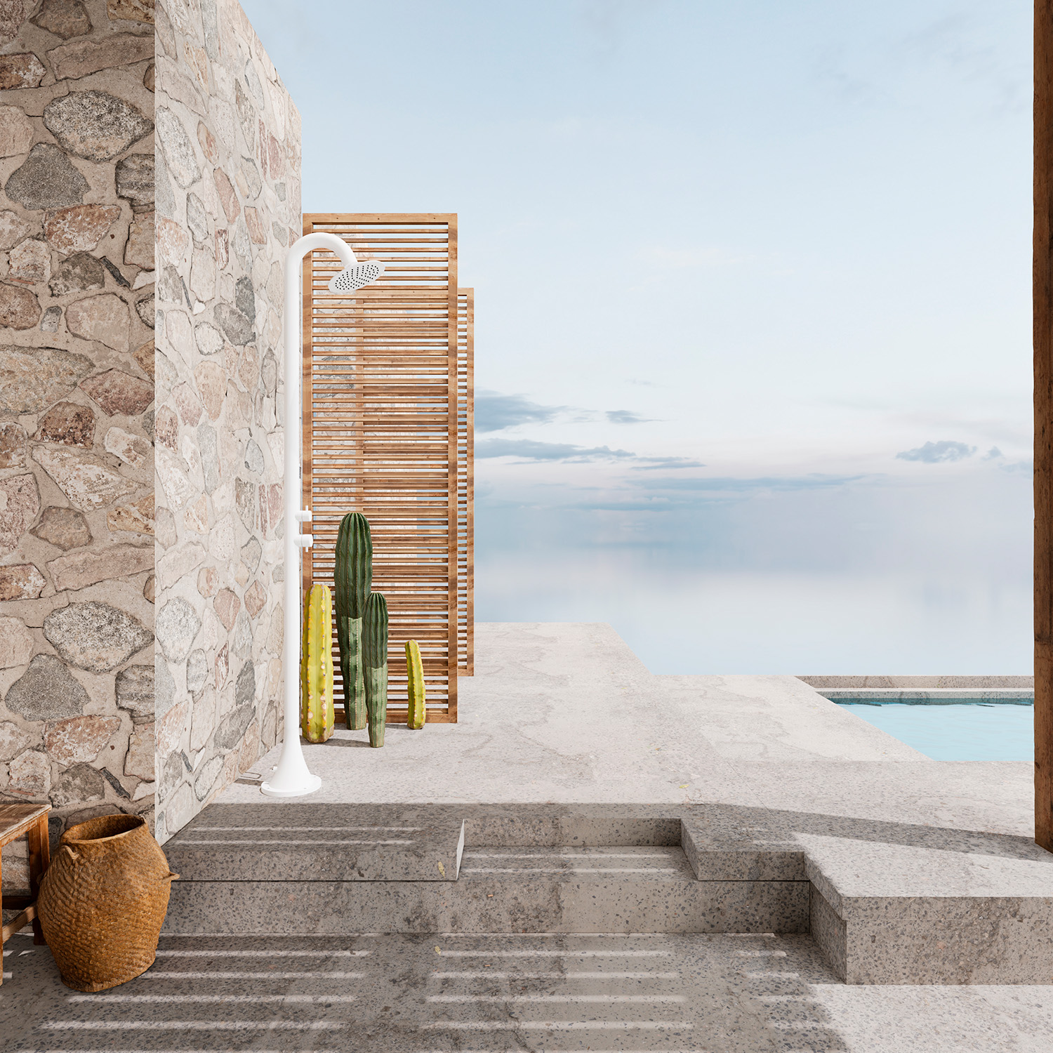 DOCCIA-INOX-LUNA-D-BIANCA-ambientata - SINED | Docce in piscina | Lettini da giardino | Caminetti elettrici! Infrarossi