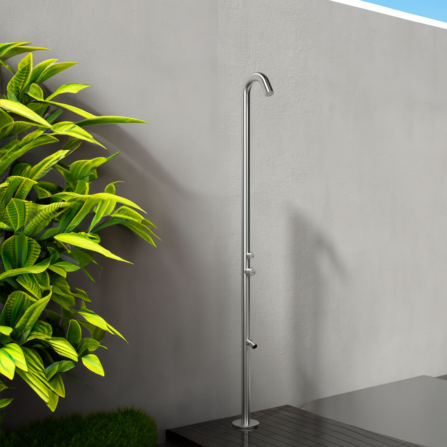 DOCCIA-QUARTU-INOX-ambientata - SINED | Docce in piscina | Lettini da giardino | Caminetti elettrici! Infrarossi