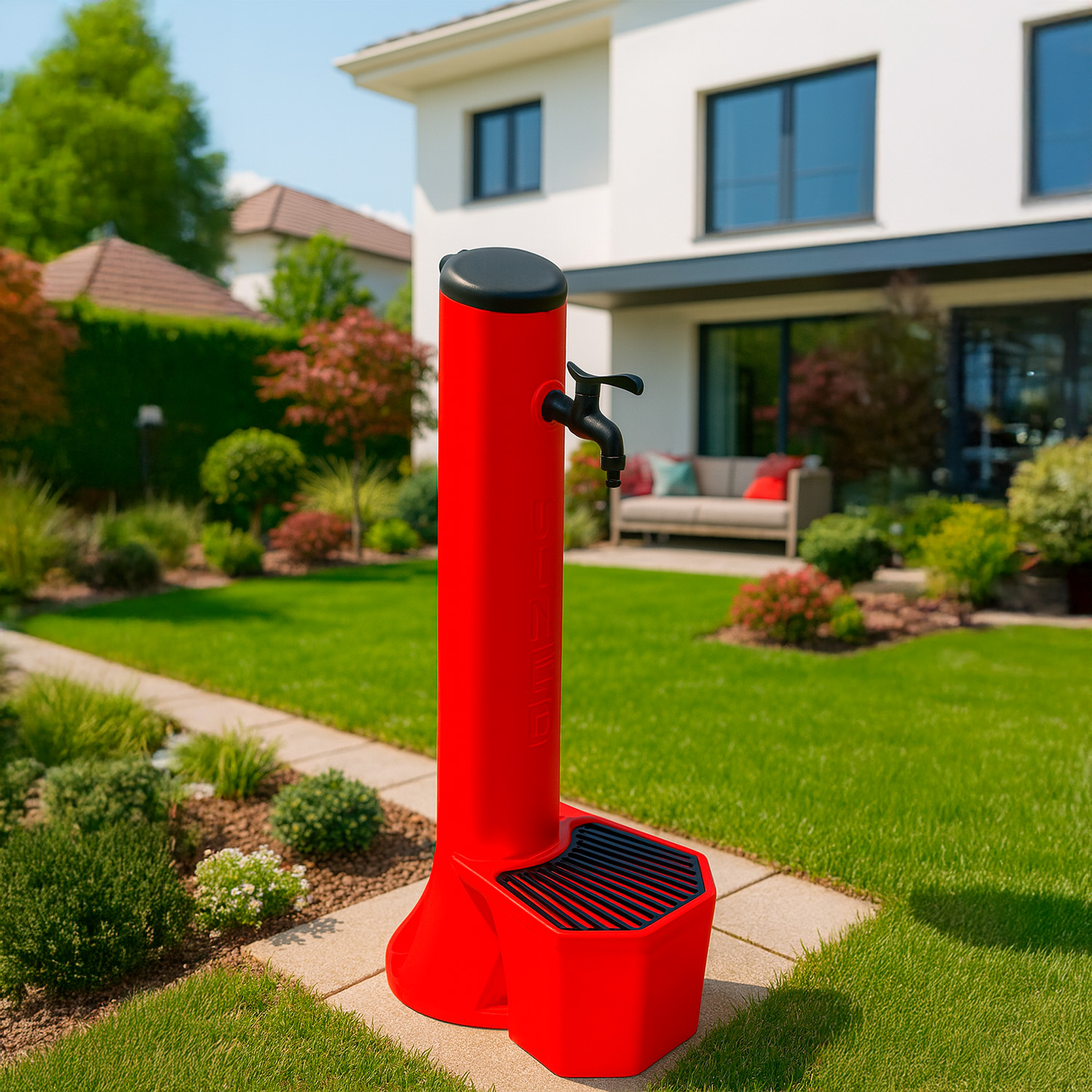 KIT-FONTANA-TRITONE-ROSSO-ambientata - SINED | Docce in piscina | Lettini da giardino | Caminetti elettrici! Infrarossi