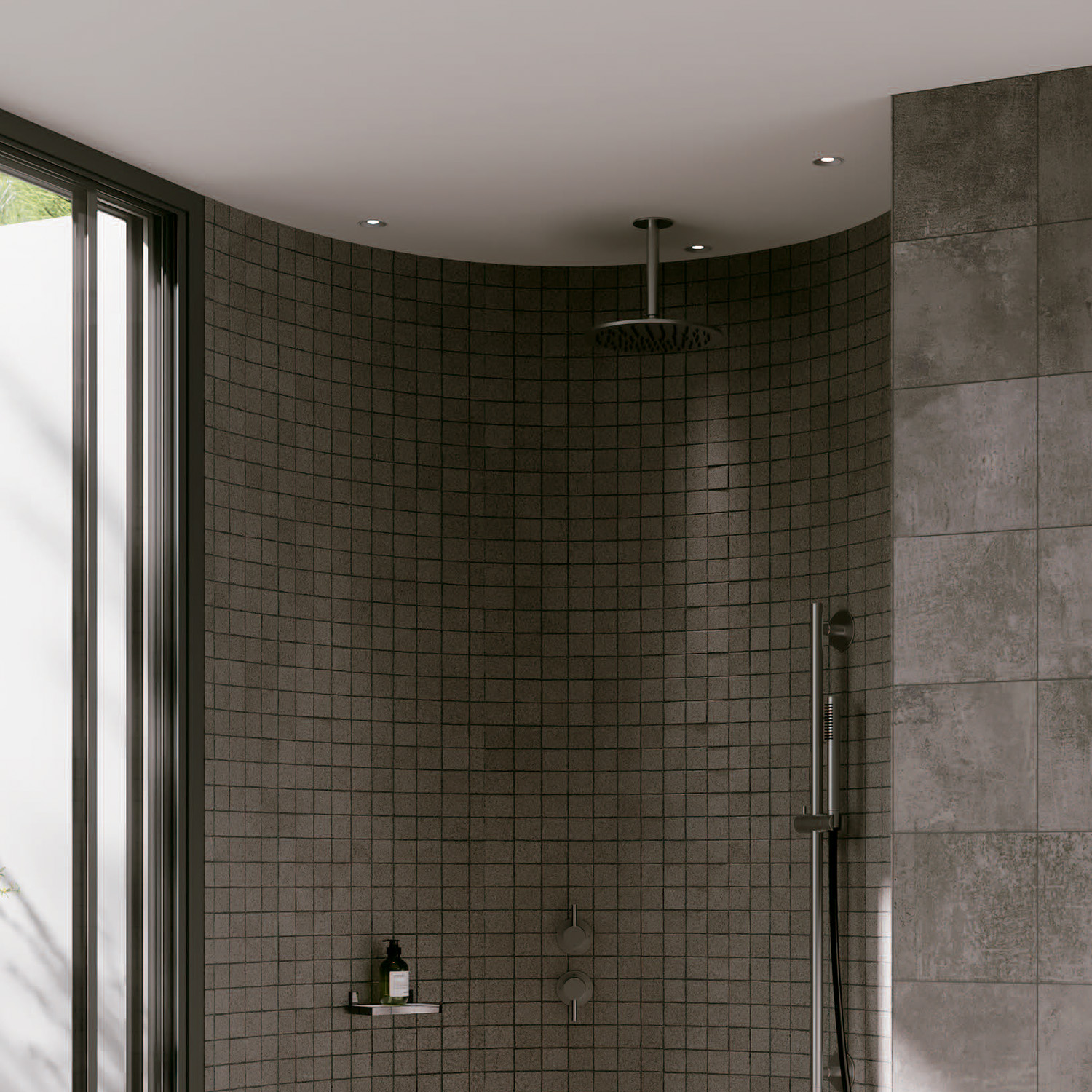 KIT-SOFFITTO-SOFFIONE-LEVANTE-CORTO-25-INOX-ambientata - SINED | Docce in piscina | Lettini da giardino | Caminetti elettrici! Infrarossi