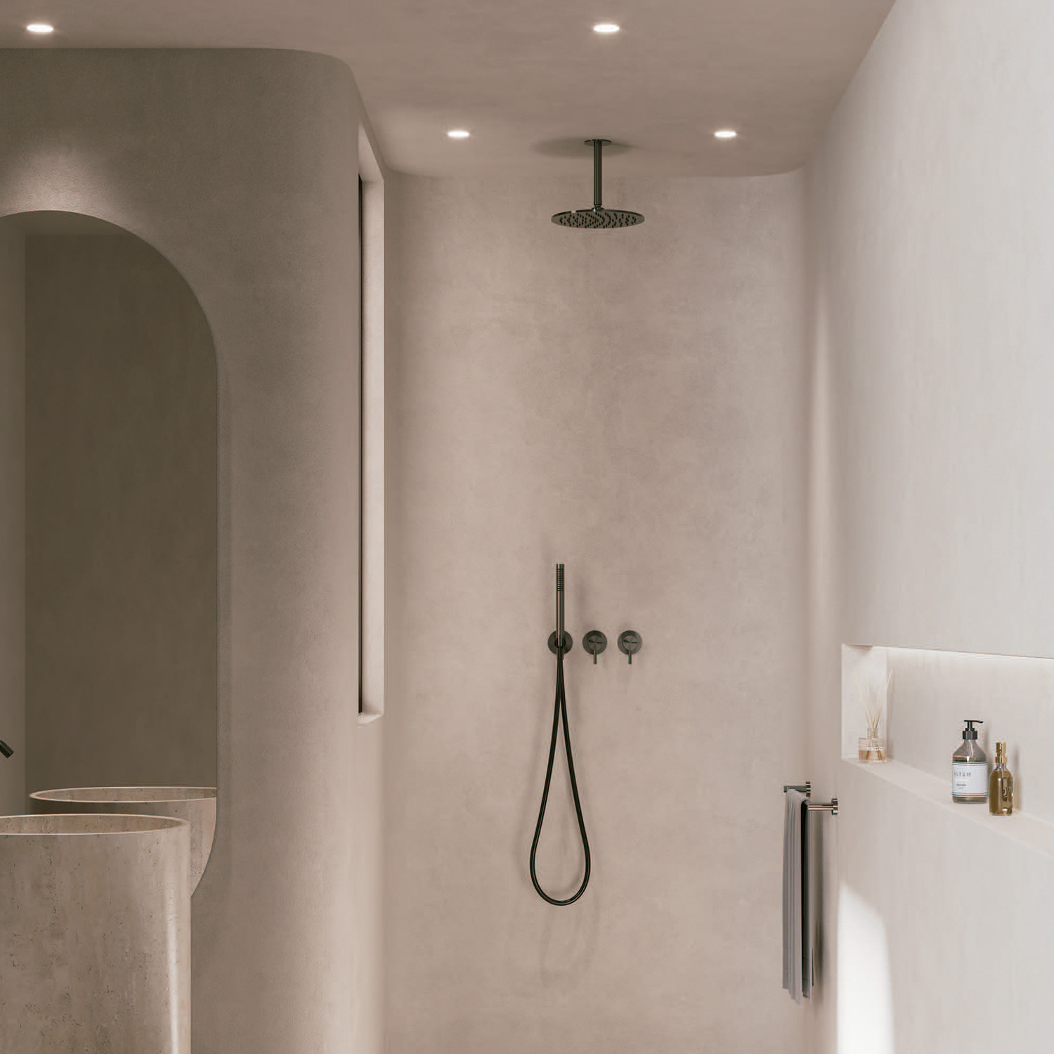 KIT-SOFFITTO-SOFFIONE-LEVANTE-LUNGO-30-INOX-ambientata - SINED | Docce in piscina | Lettini da giardino | Caminetti elettrici! Infrarossi