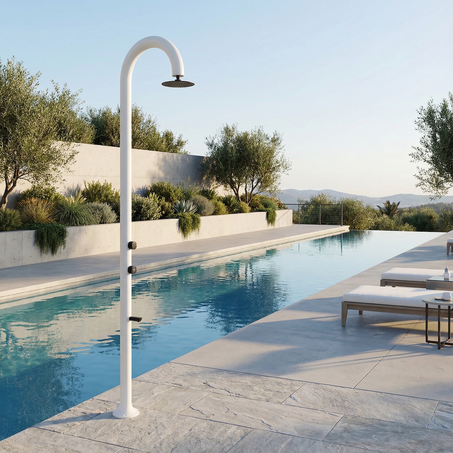 LUNA-ALU-BIANCA-ambientata - SINED | Docce in piscina | Lettini da giardino | Caminetti elettrici! Infrarossi