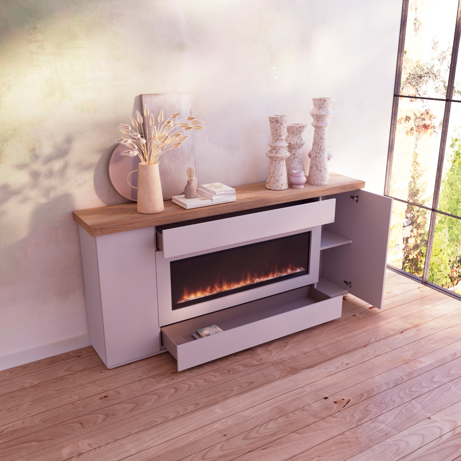 MOBILE-CAMINO-DESIO-108-GRIGIO-ambientata - SINED | Docce in piscina | Lettini da giardino | Caminetti elettrici! Infrarossi