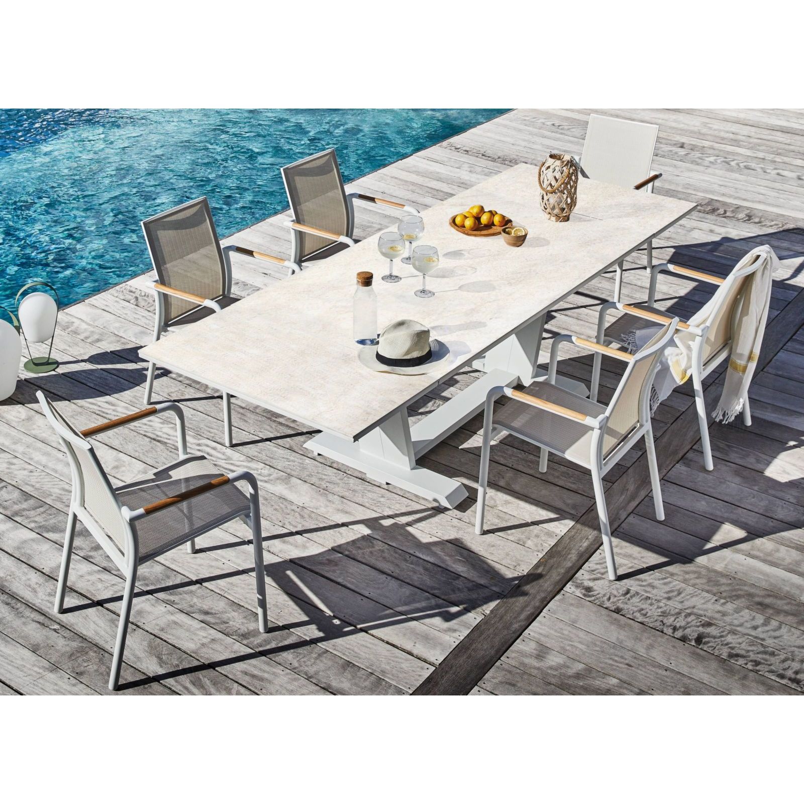 SET-TAVOLO-GIARDINO-TRAVERTINO-6SEDIE - SINED | Docce in piscina | Lettini da giardino | Caminetti elettrici! Infrarossi